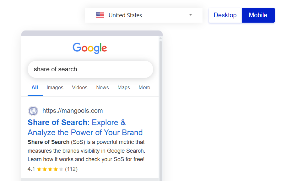 Mobile version of the SERP in Google SERP simulator - example